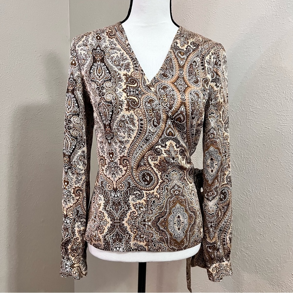 Vintage Talbots brown paisley silk wrap blouse
